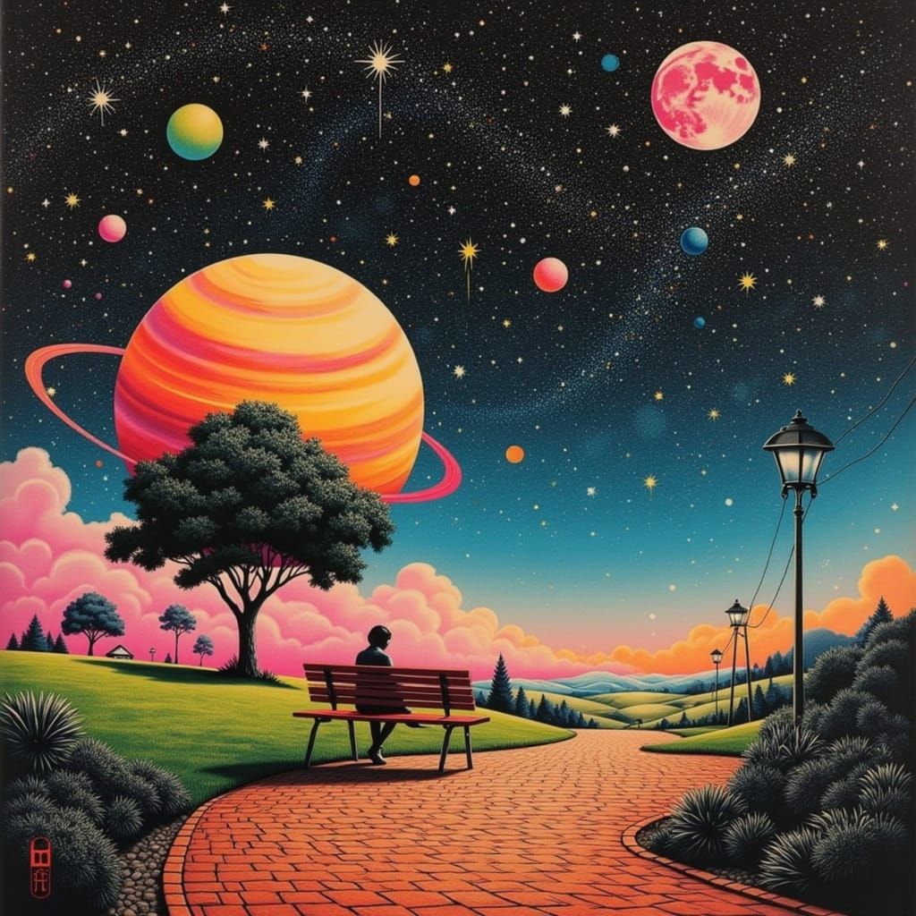 Cosmic Dreamscape: Person on Bench Under Tree, Surreal Plane...