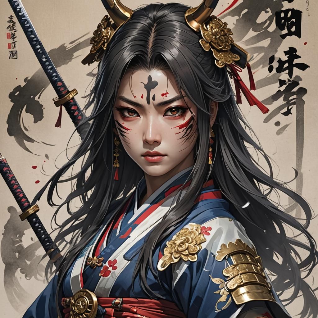 Female Samurai with Mask in Anime Style