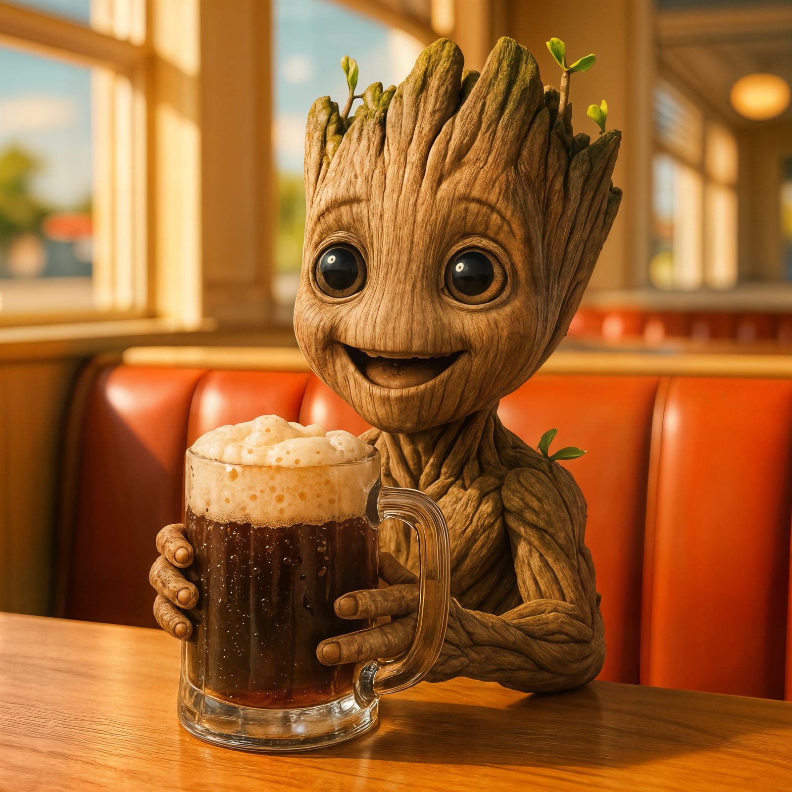Happy Groot Drinks Root Beer in Diner