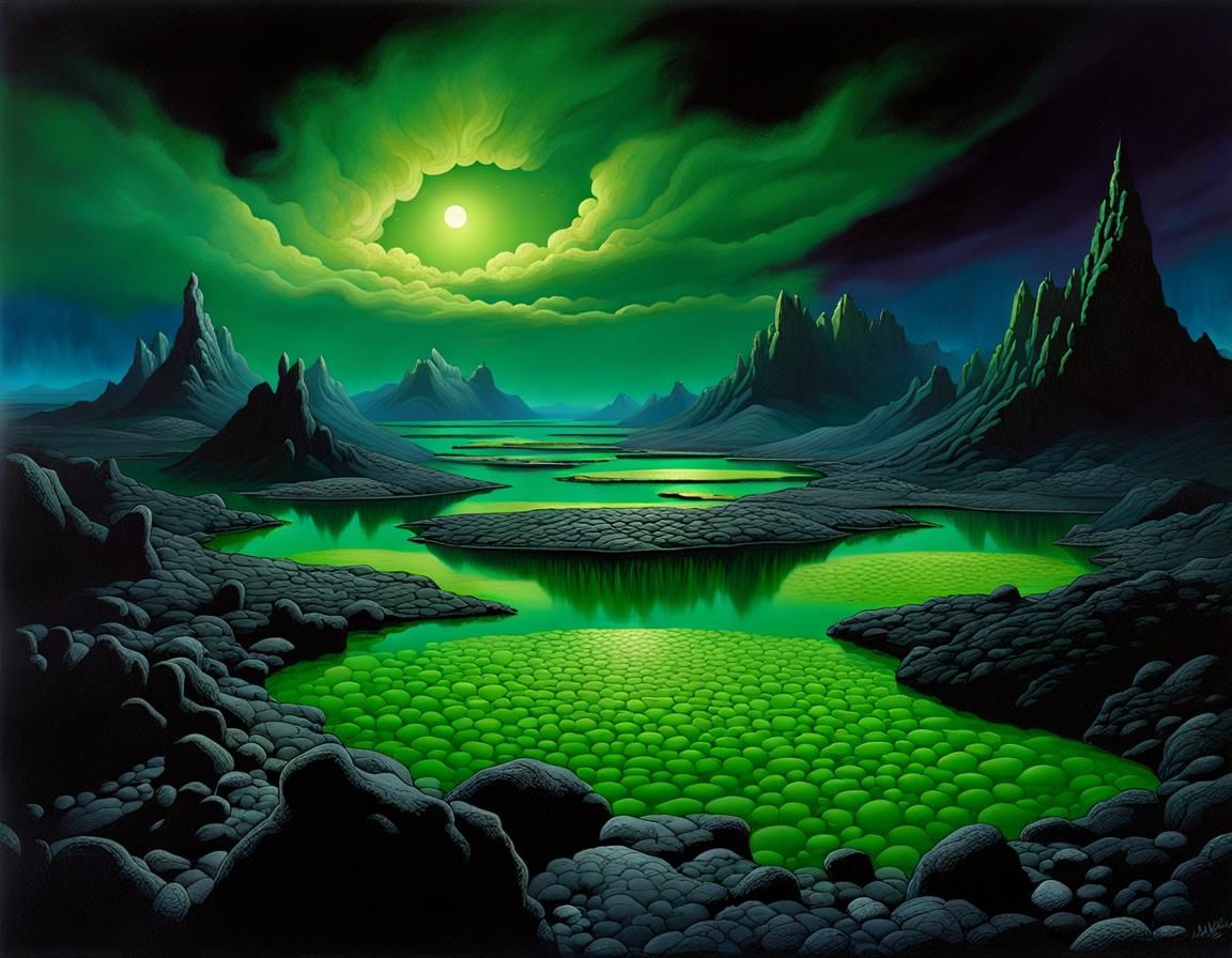 Grimdark Wasteland with Acid Pools at Night