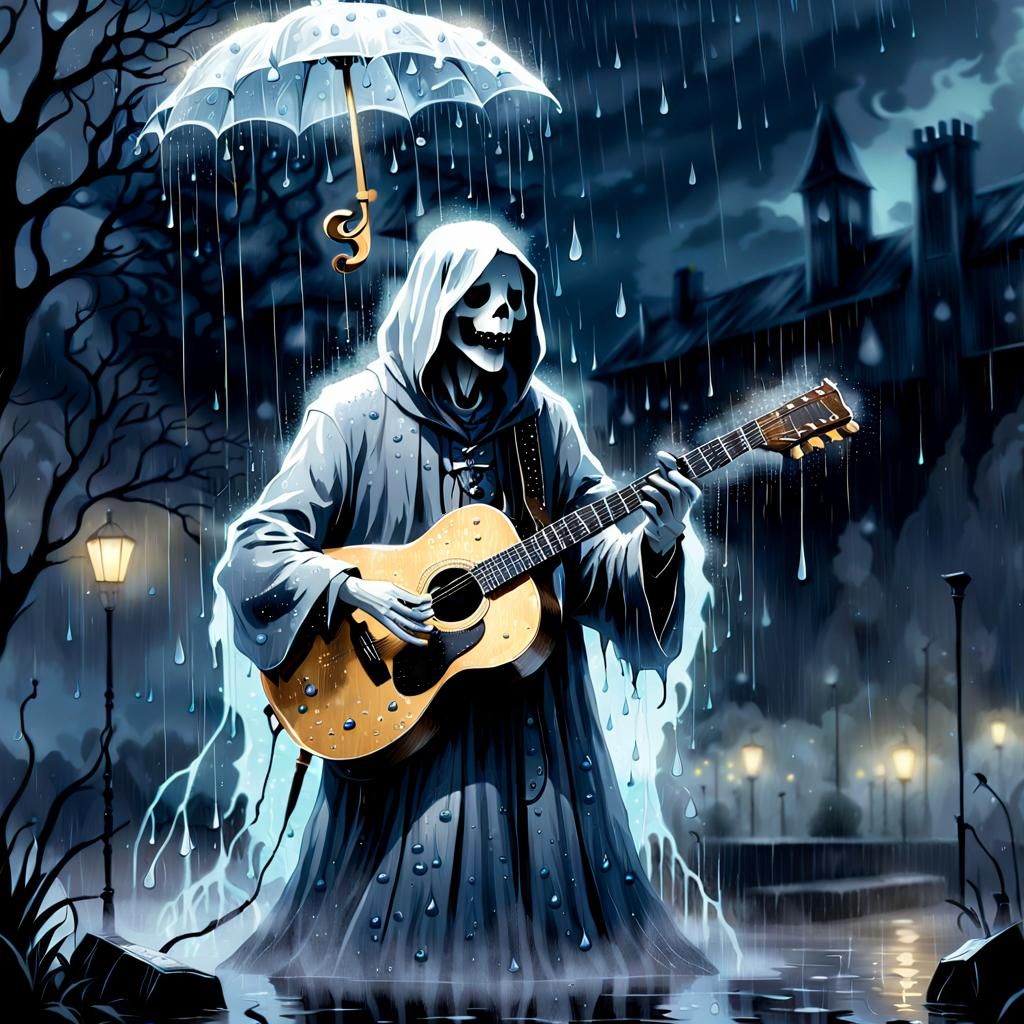 Ghostly Gothic Singer in Rainy Cinematic Illustration