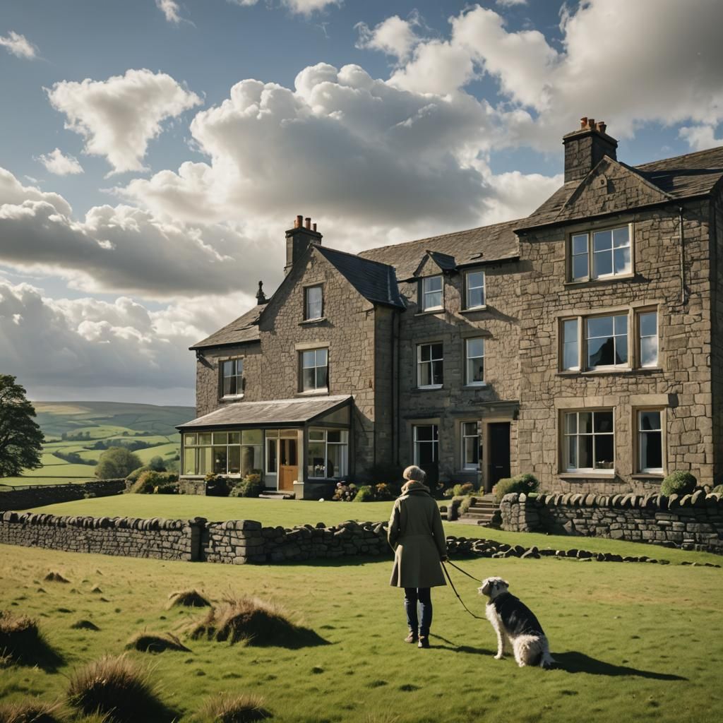 Yorkshire Dales House with Woman and Dog in Fluxus