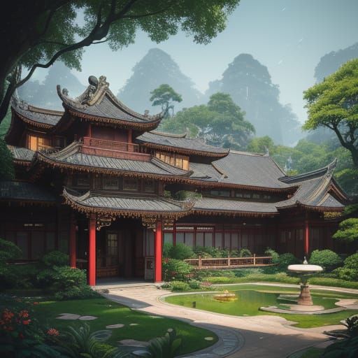 Traditional Chinese Architecture in Serene, Vibrant Setting