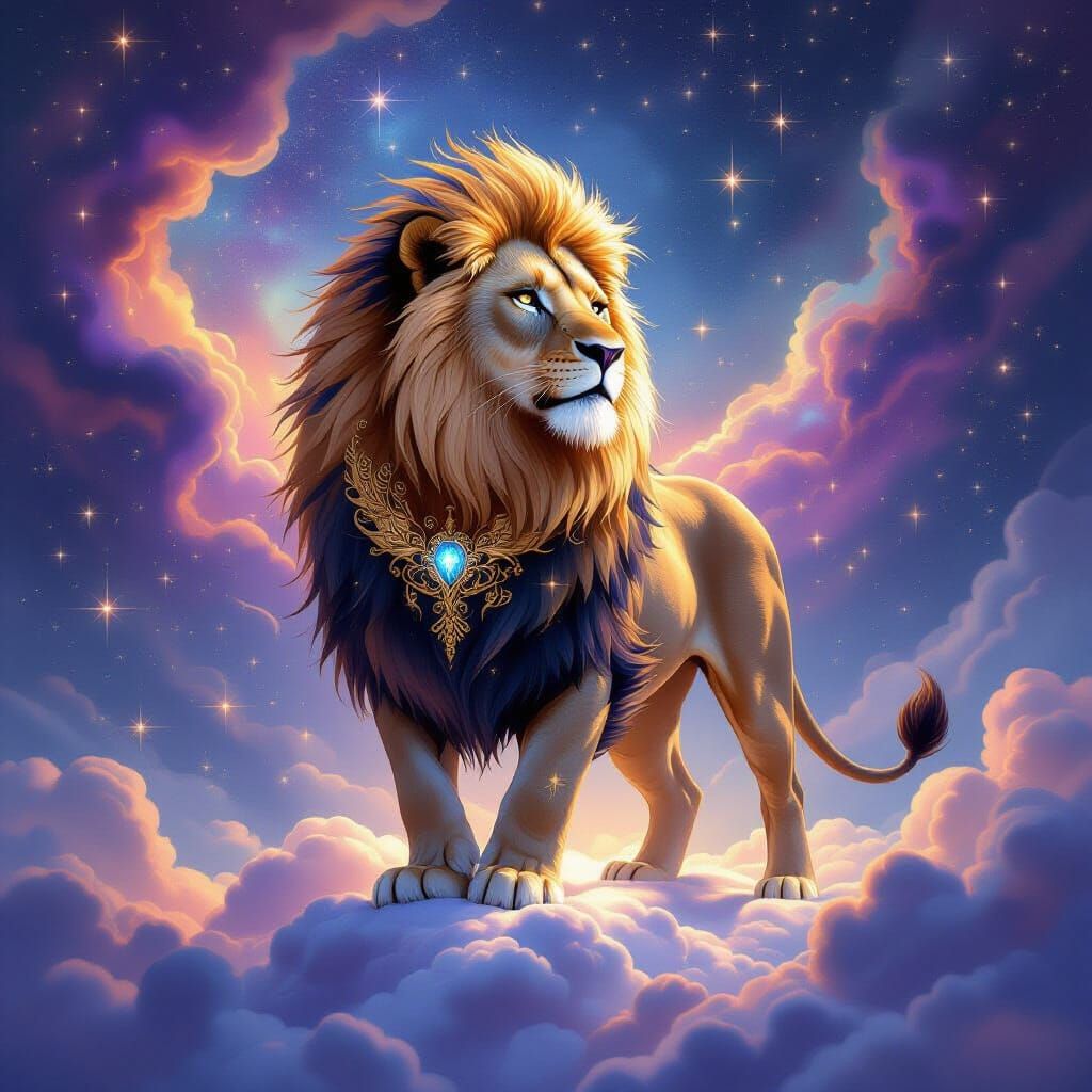 Majestic Lion on Cloud in Cosmic Nebula