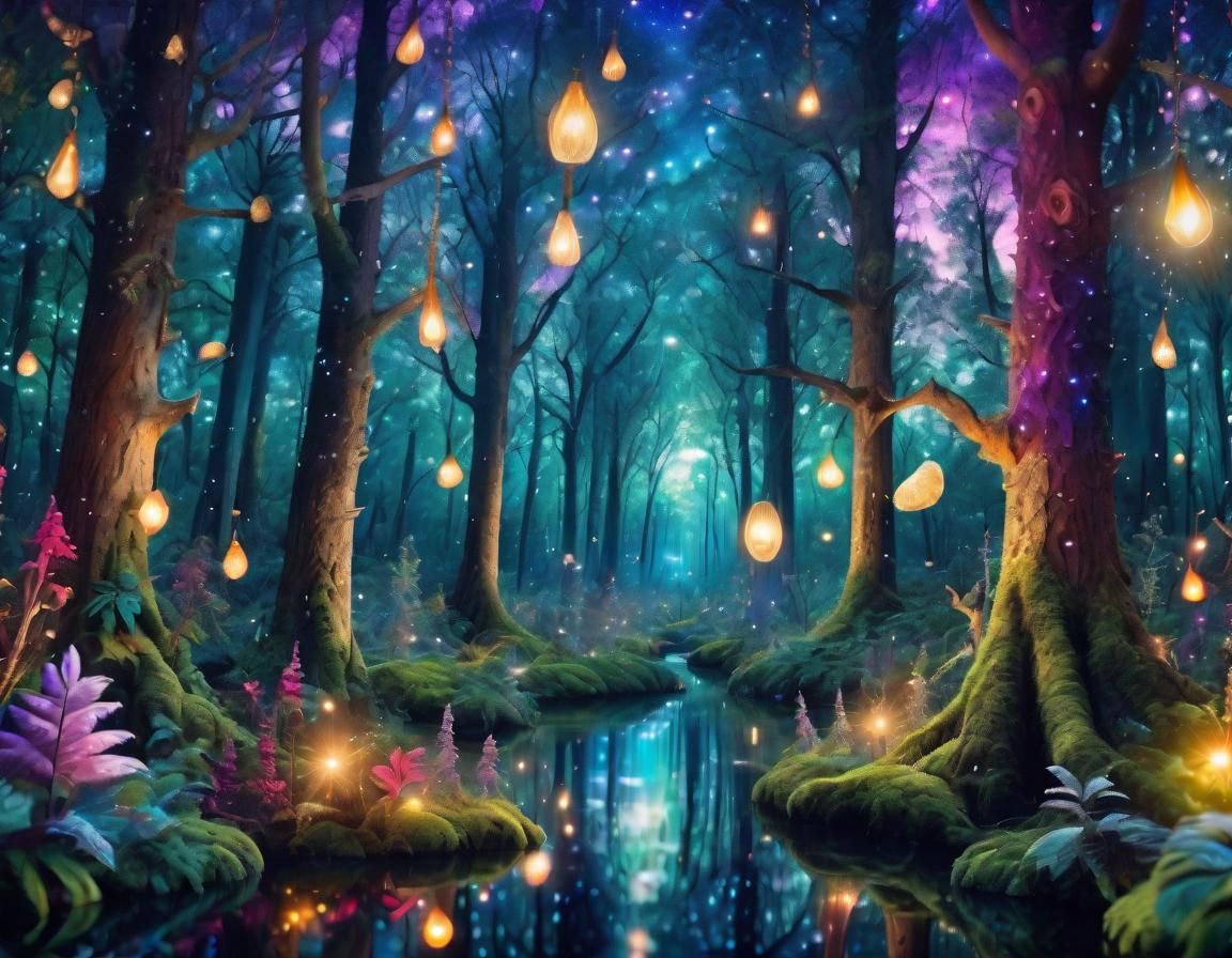 Maximalist Enchanted Evening Forest with Bokeh