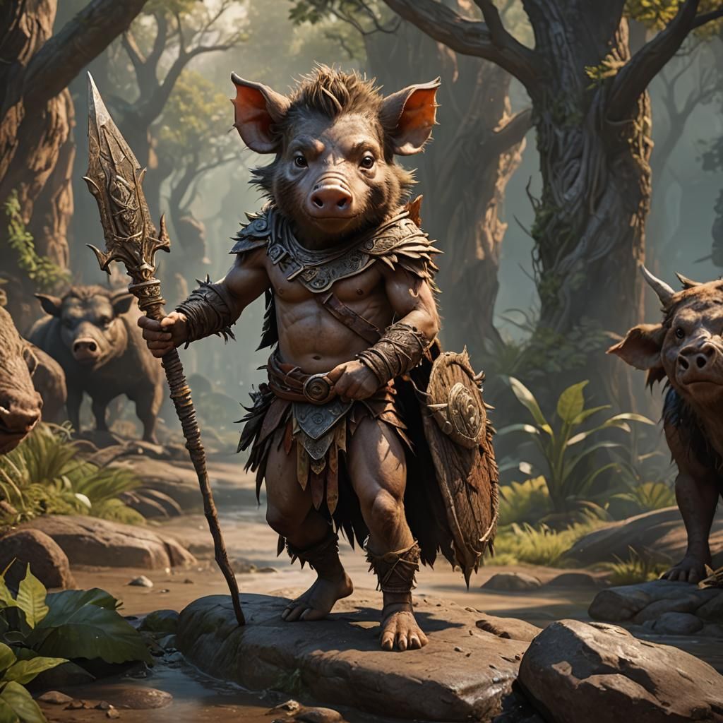 Boar Child Warrior with Spear, Detailed Fantasy Art