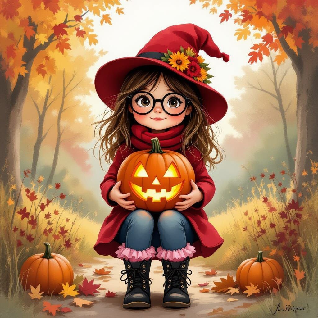 Whimsical Girl With Glowing Pumpkin in Autumn Illustration