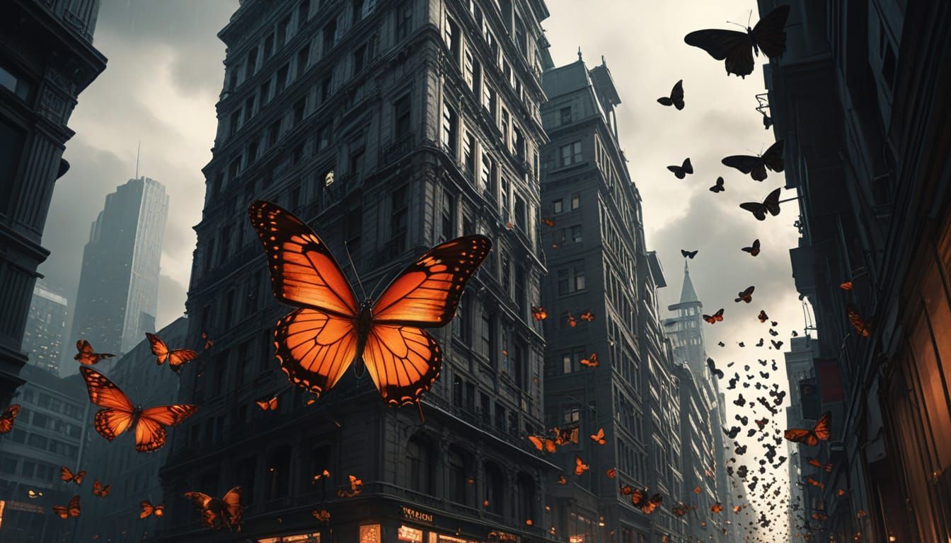 Silent City Under a Swirling Storm of Butterflies
