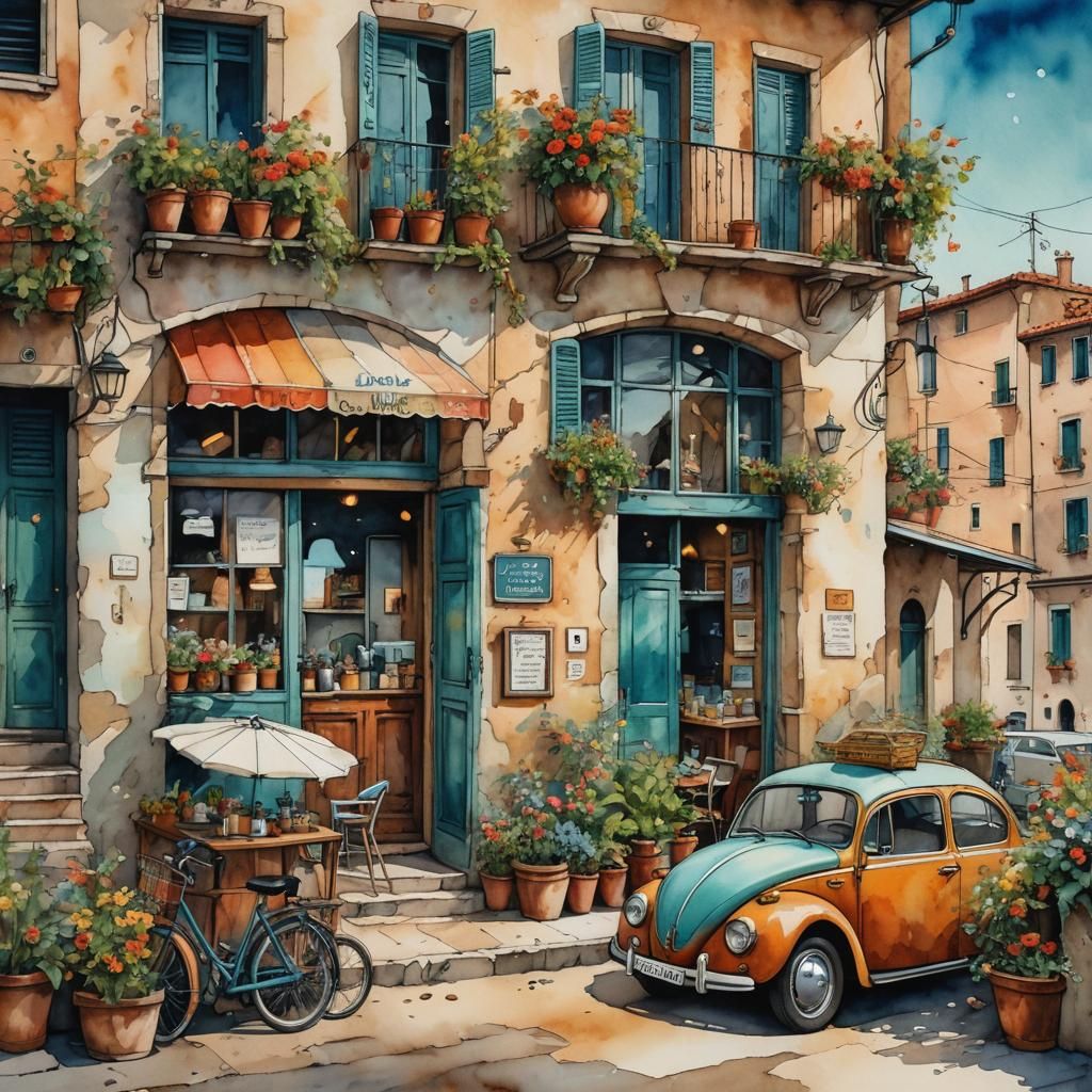 Charming Italian Seaside Town in Whimsical Folk Art Style