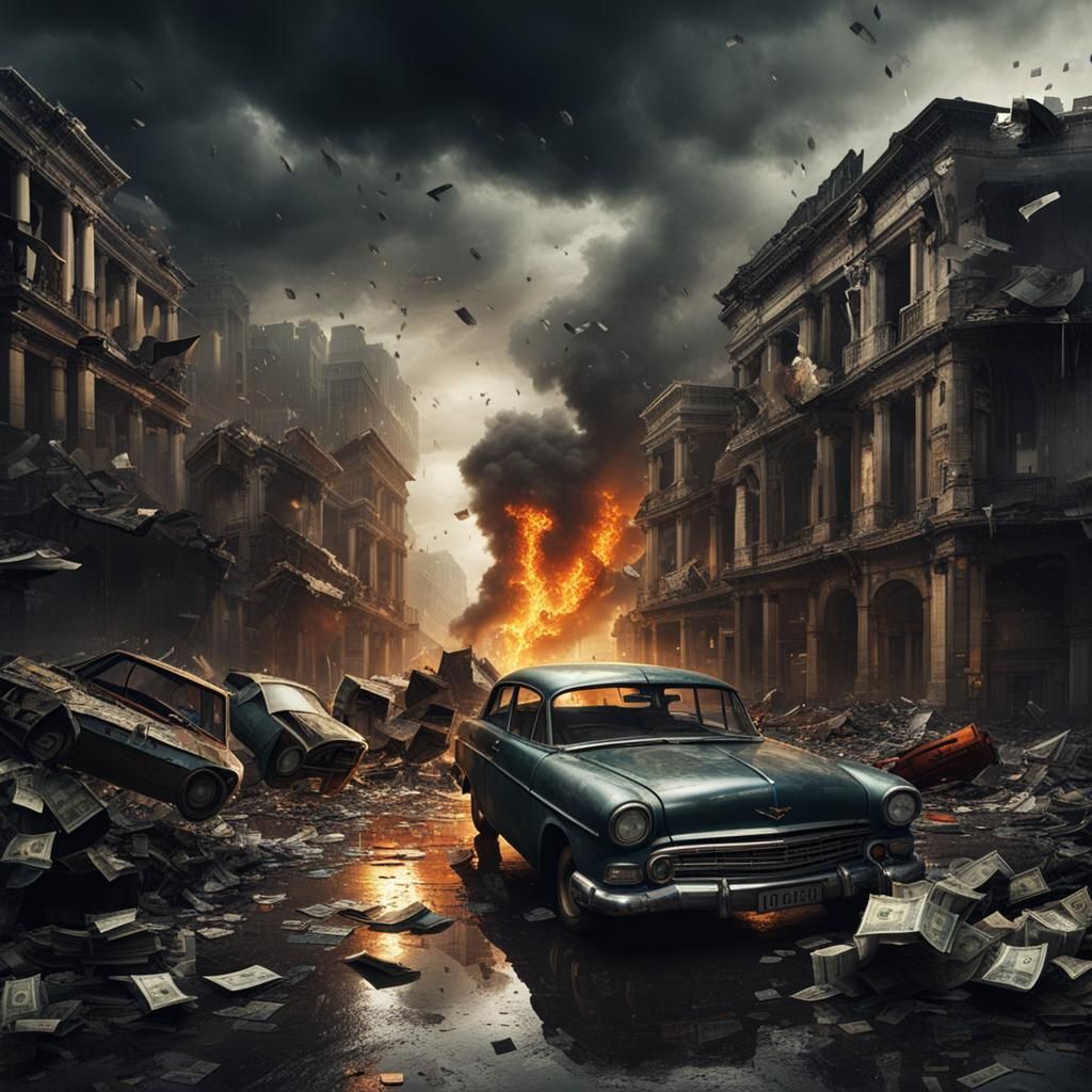 Dystopian Cityscape: Burning Ruins and Despair