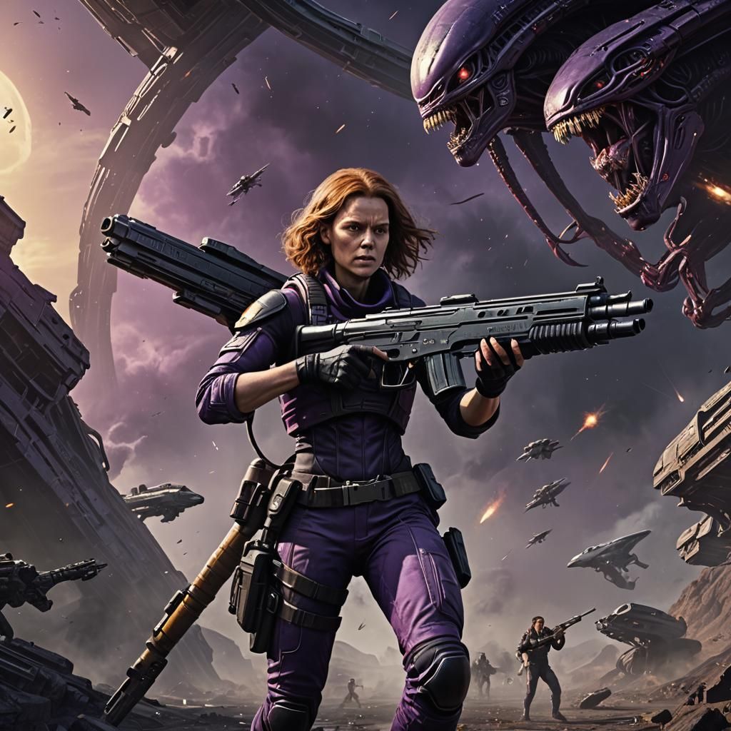Ellen Ripley Fighting Alien: Detailed Matte Painting