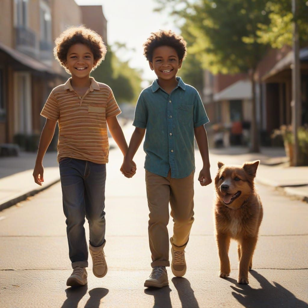 Joyful Young Friends Walking Hand in Hand on a Sunny Day