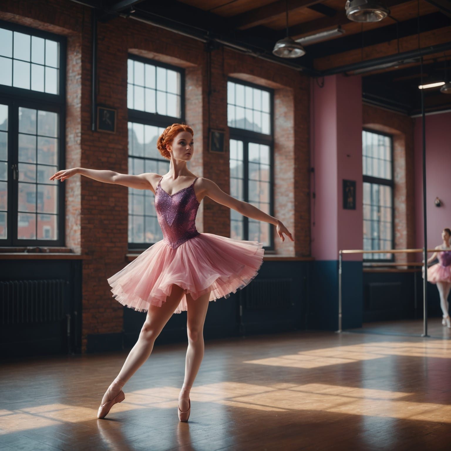Ballerina Practicing Routine in Detailed Matte Painting Styl...
