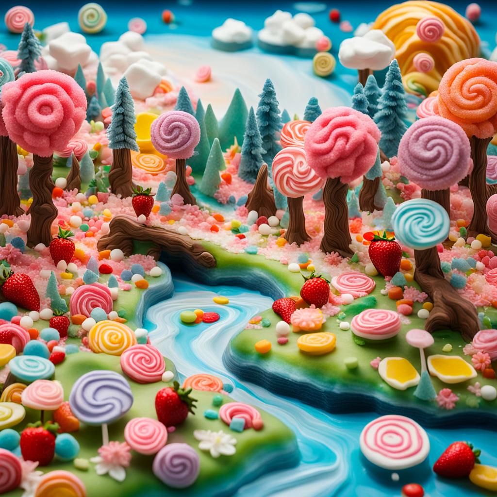 "magical river scene made with variated lovely collage Candy art like "Charlie and the chocolate factory" candyland cine...