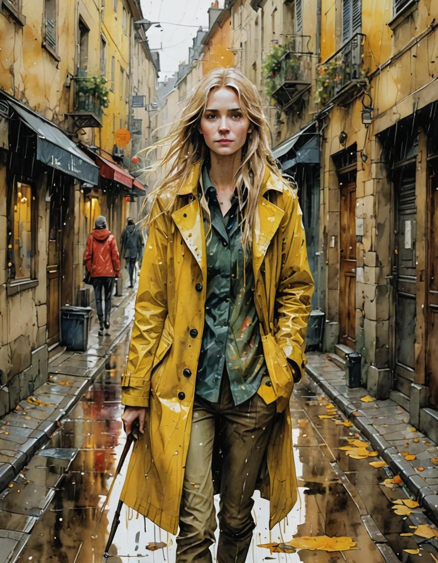 Watercolor Portrait of Woman in Rainy French Alley