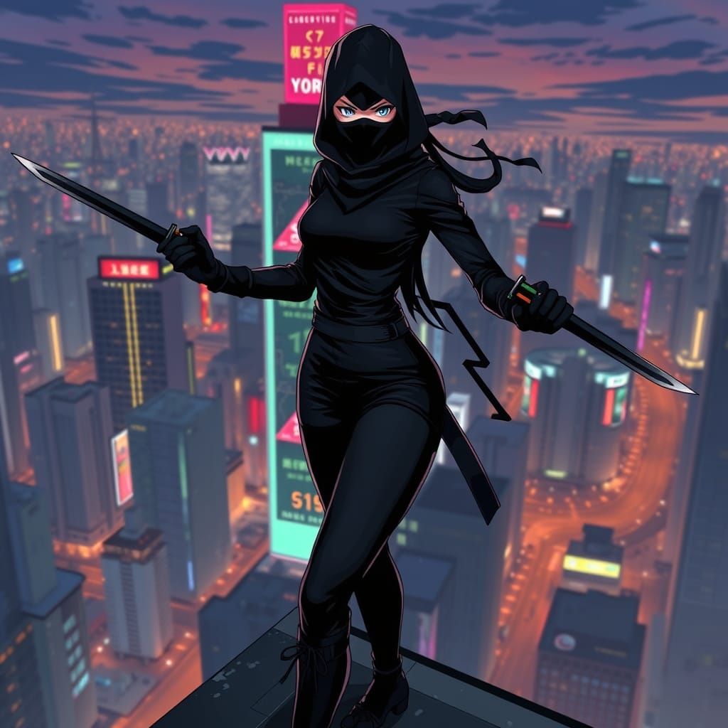 Anime Assassin Goddess in Neon Tokyo Skyscraper