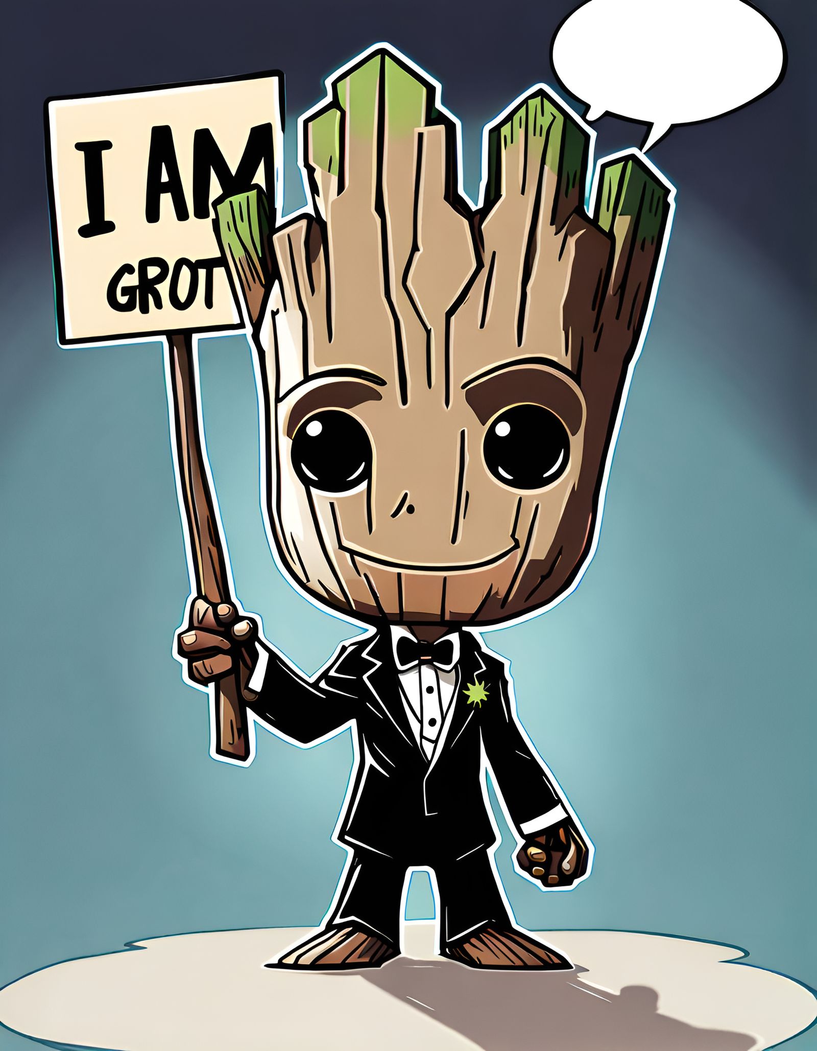 Chibi Groot in Tuxedo Holding "I Am Groot" Sign
