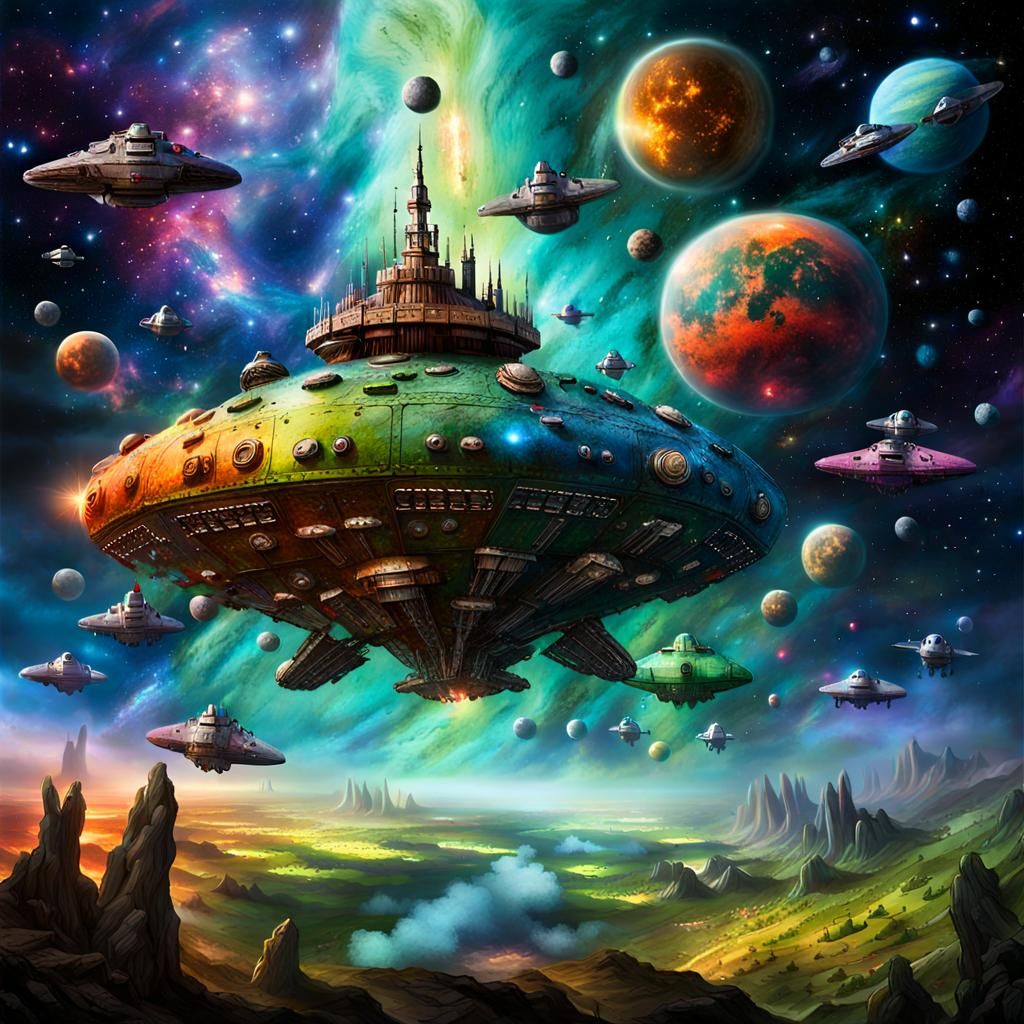 Colorful Sci-Fi Spaceship Battle in Space