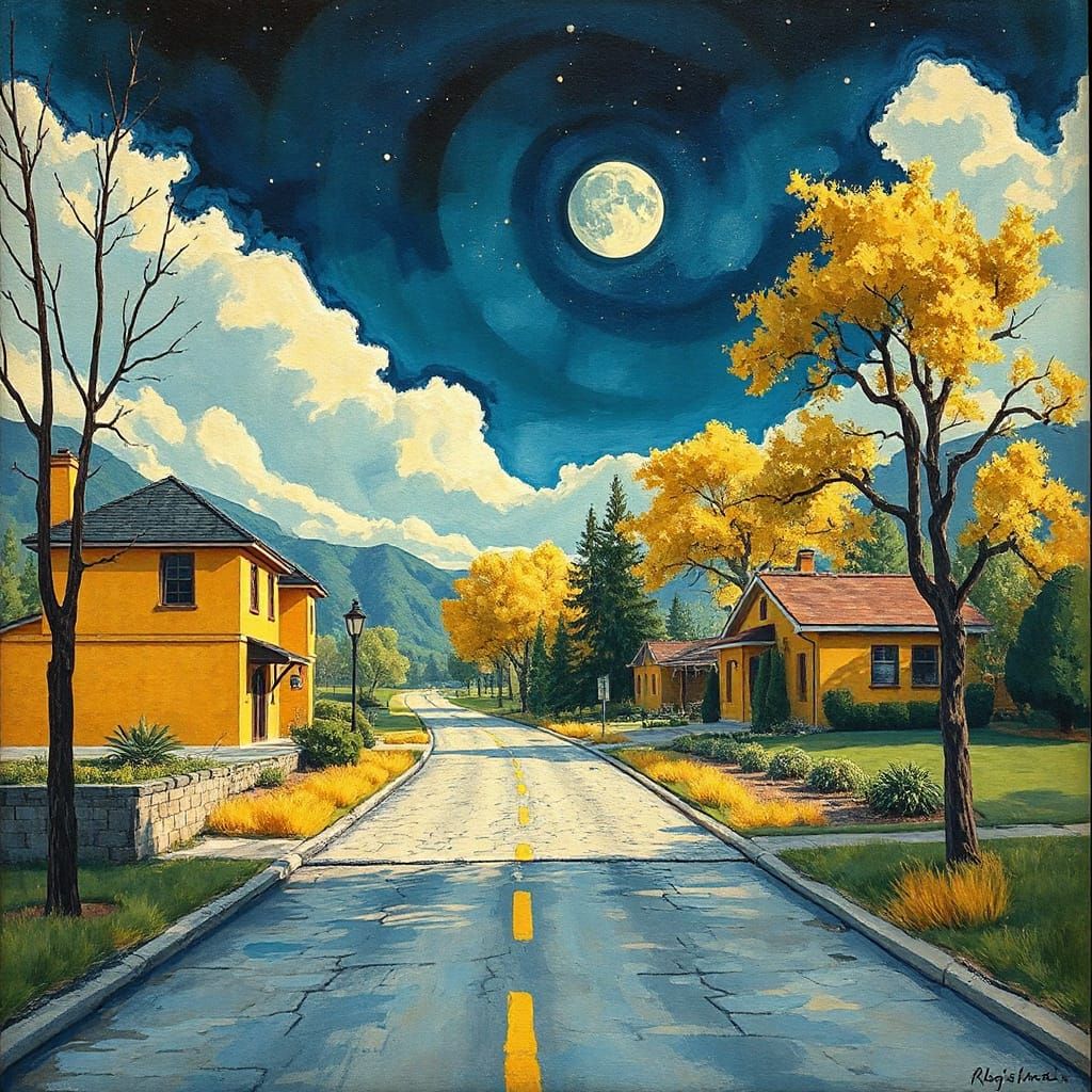 Ethereal Landscape of a Fading Highway in a Dreamlike Gouach...