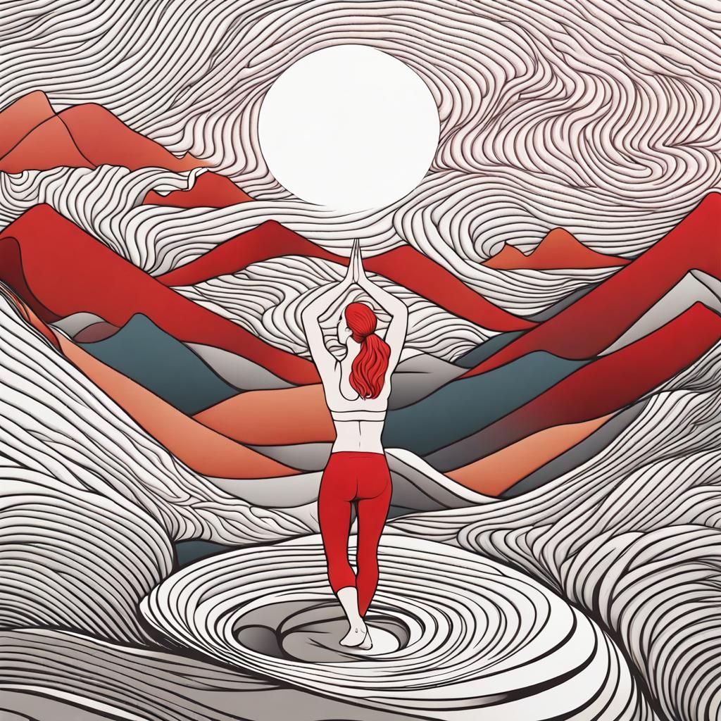 Red-Haired Woman Doing Yoga with Abstract Fractals