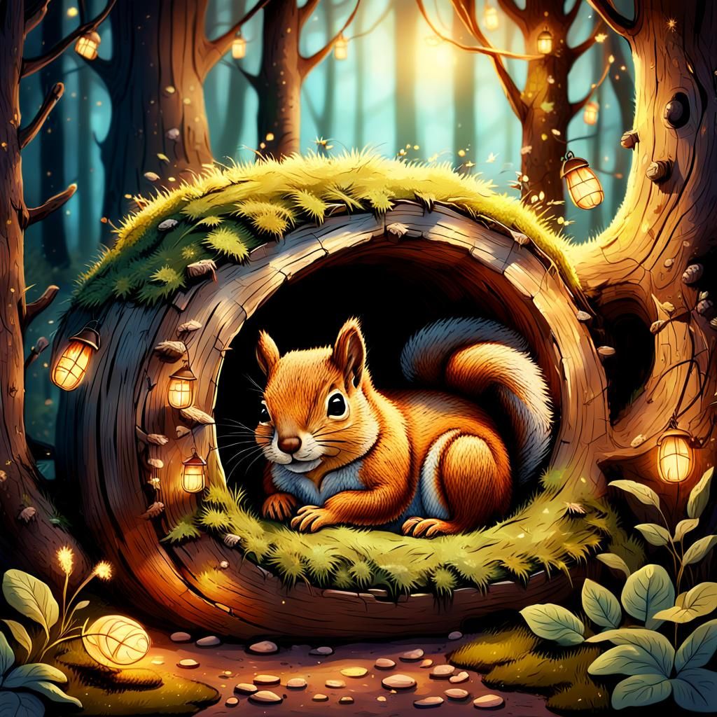 Cosy Squirrel Burrow in Whimsical Illustration Style