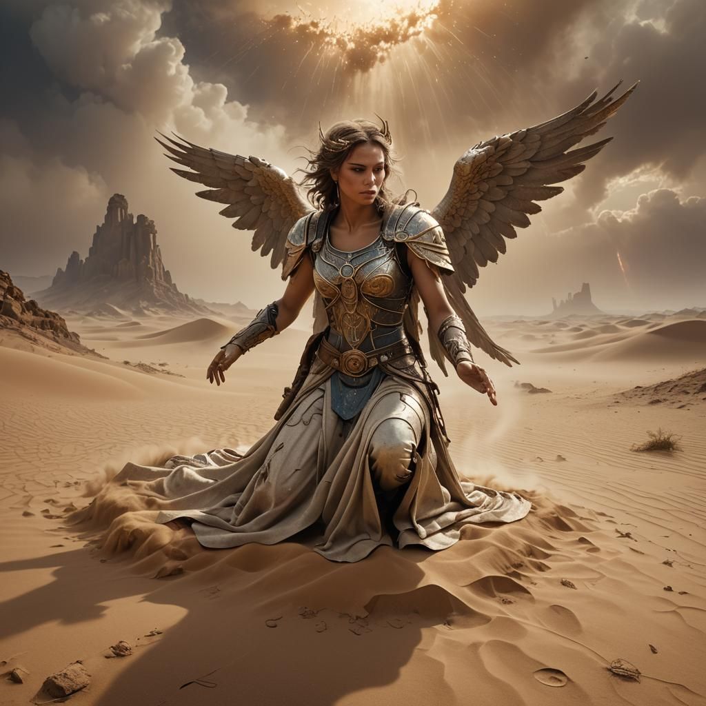 Angel Kneeling in Desert Sandstorm: Fantasy Concept Art