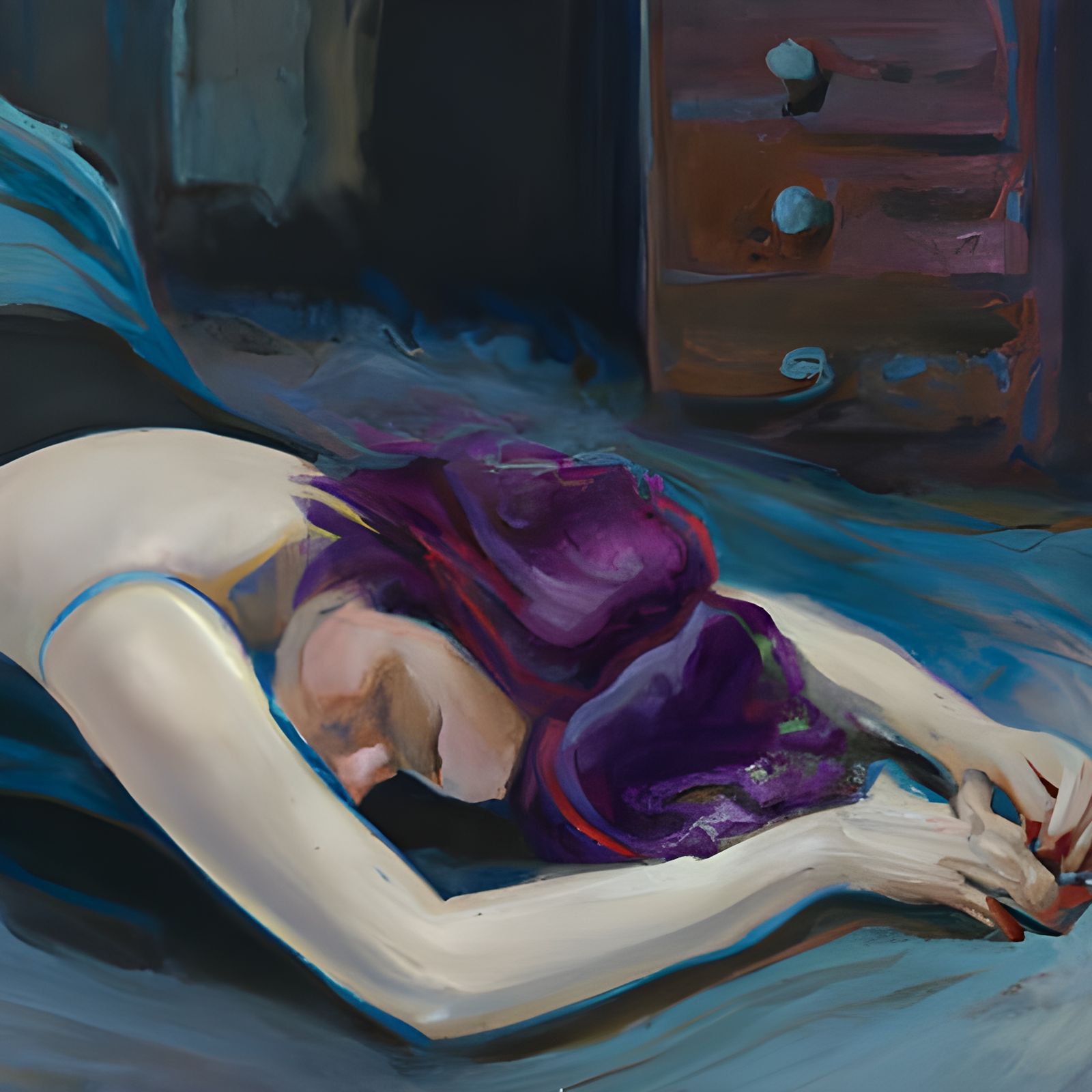 Exhausted Woman in Fetal Position: Oil Painting