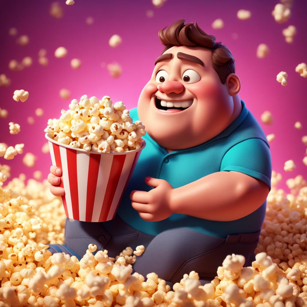 Chubby Man Eating Popcorn in Pixar Style