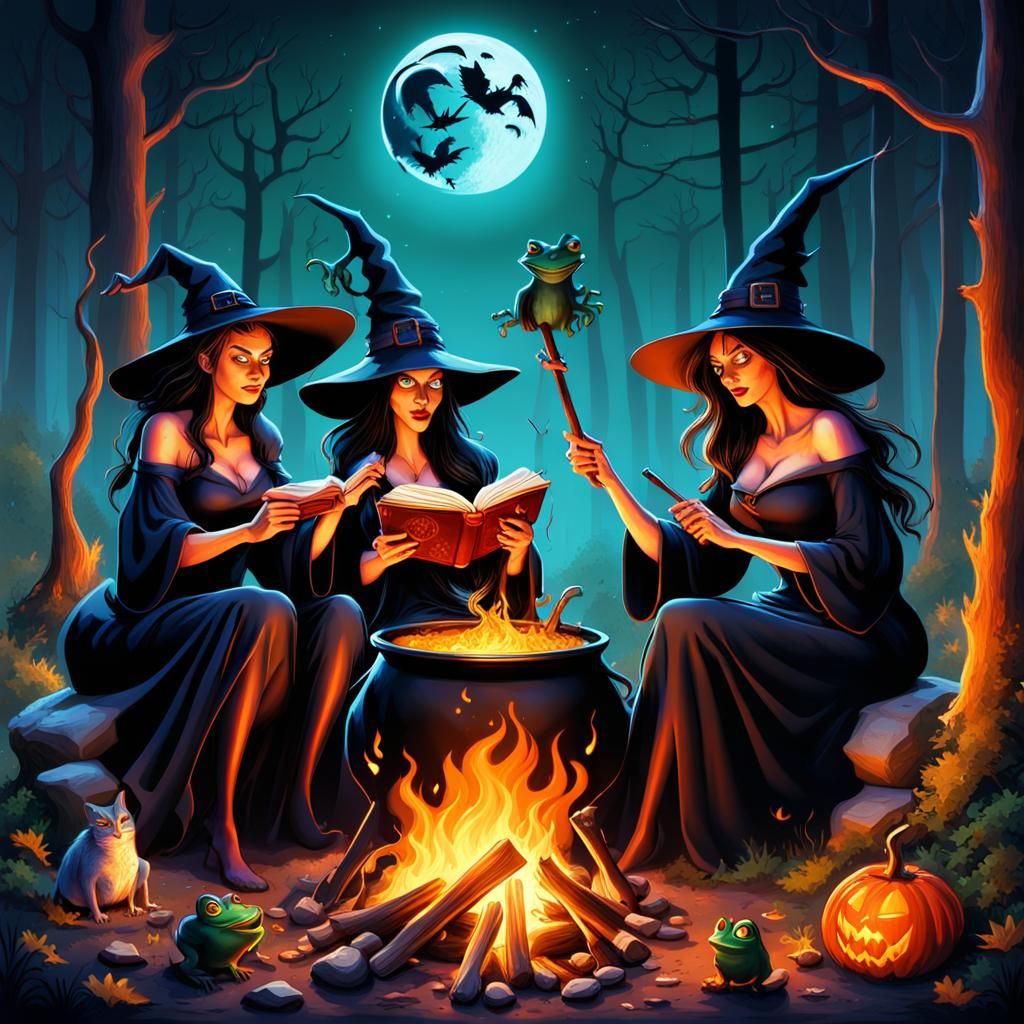Witches' Night: Bonfire Ritual in Cartoon Style