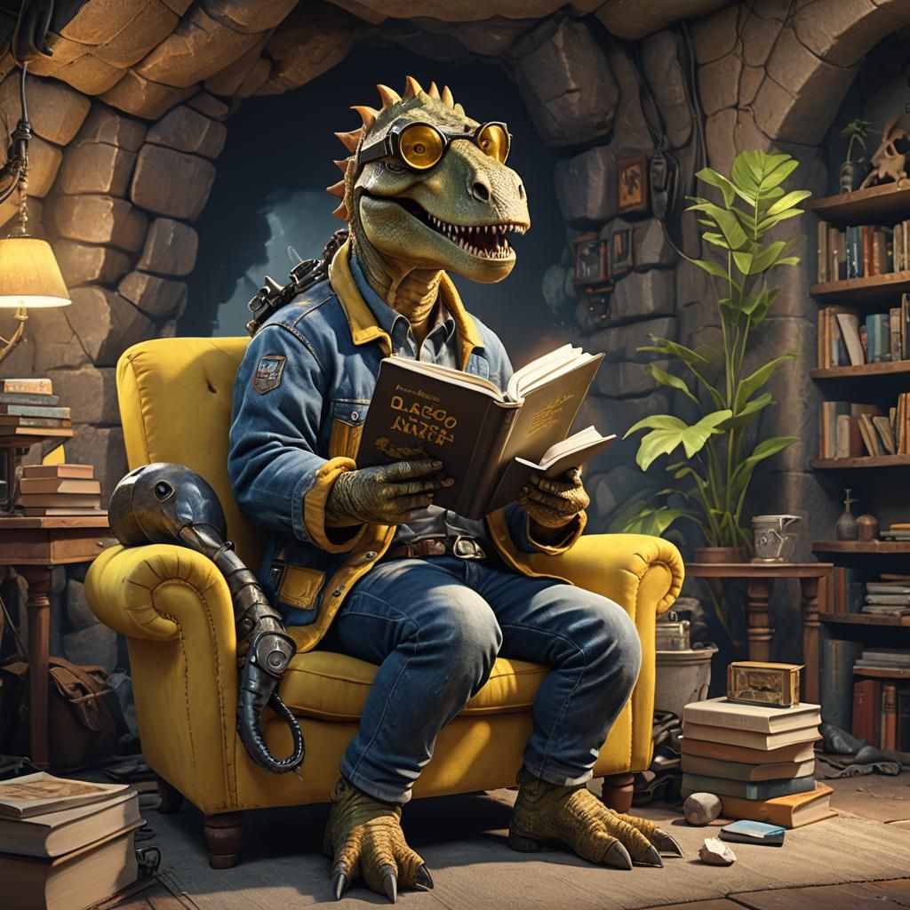 Dinosaur Welder Reads in His Cave Home