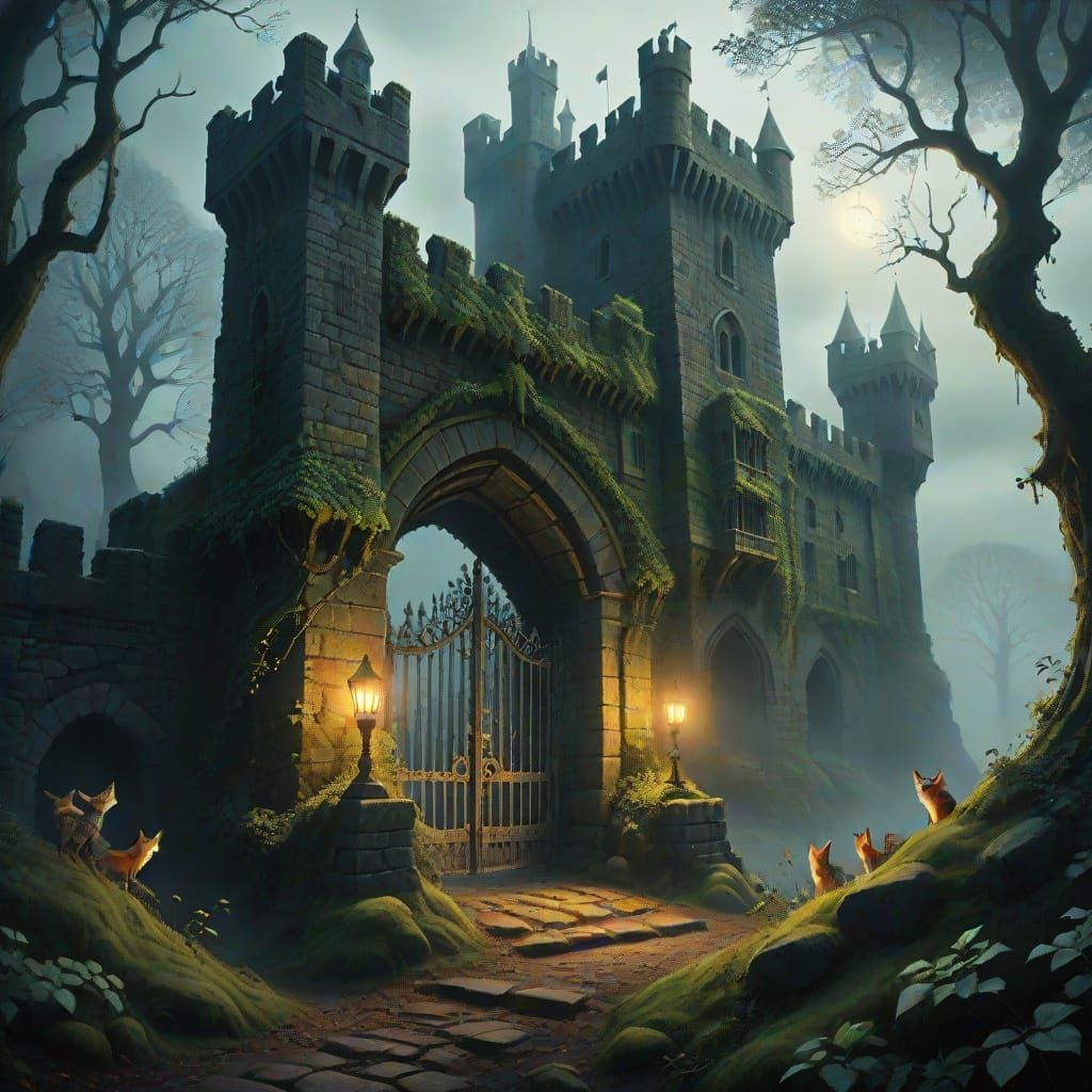 Ancient Castle Fortress Emerges from Misty Forest