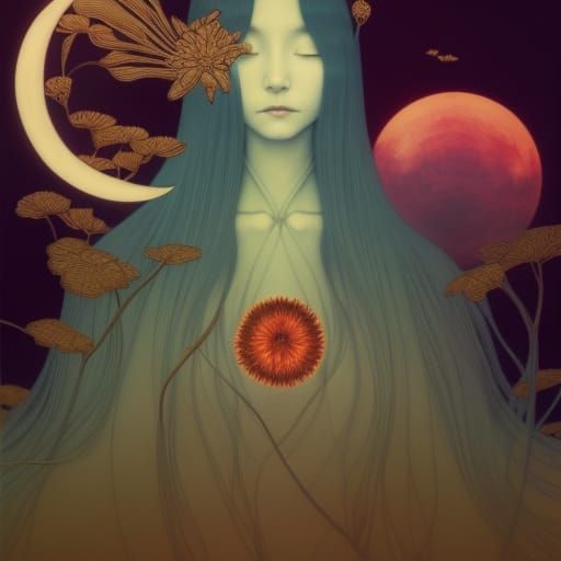 Surreal Sun and Moon Flower Woman: Fairytale Art