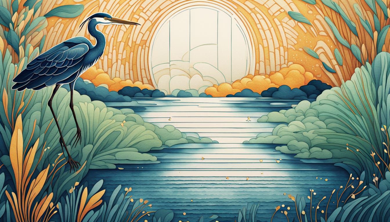 Whimsical Watercolor Dreamscape of a Great Blue Heron