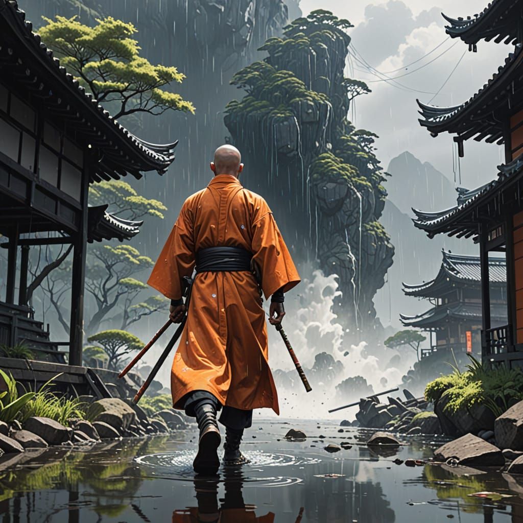 Stoic Ronin Monk Enters Ethereal Landscape