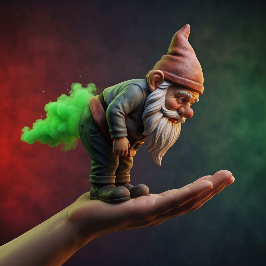 Hyperrealistic Garden Gnome Emitting Green Gas Cloud