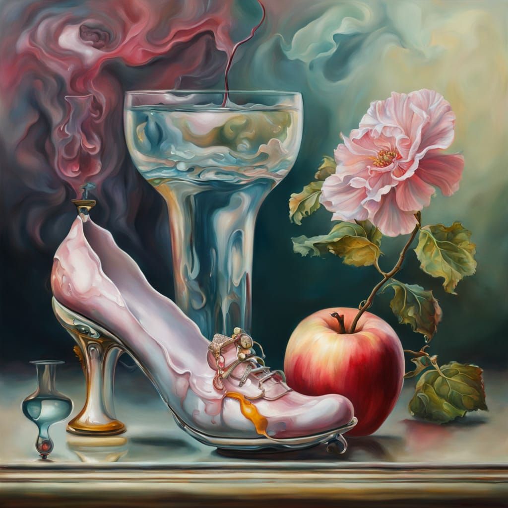 Surreal Hollyhock Lady With Glass Slipper And Apple