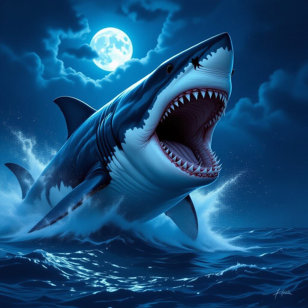 Colossal Megalodon Breaching in Moonlit Ocean