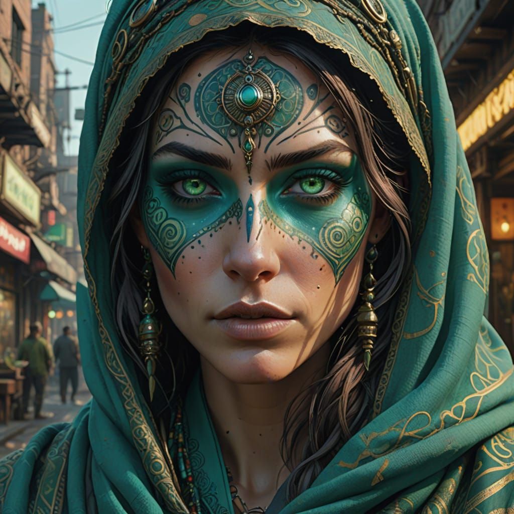 Turquoise and Emerald Green Clothed Woman in Hyper-Realistic...