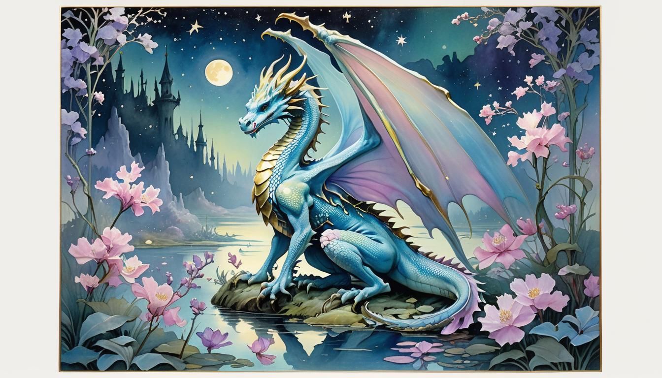 Art Nouveau Dragon Painting with Aurora Borealis