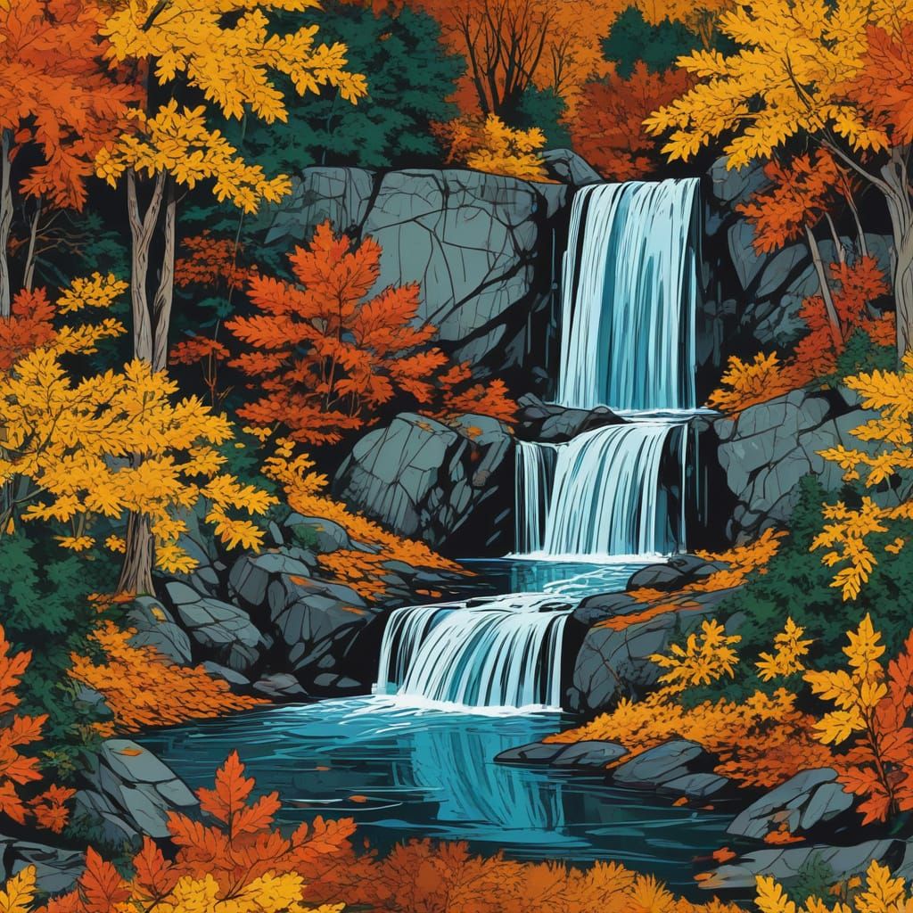 Pop Art Autumn Waterfall in Secluded Forest