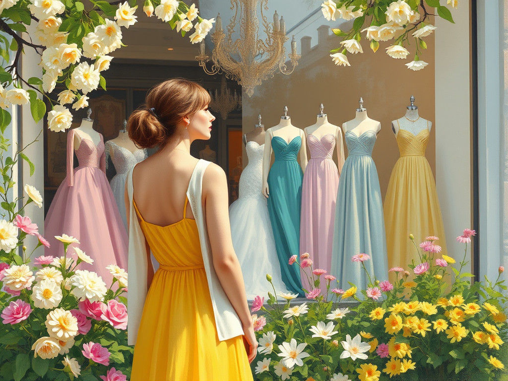 Woman Gazing at Spring Dress Shop in Impressionist Style