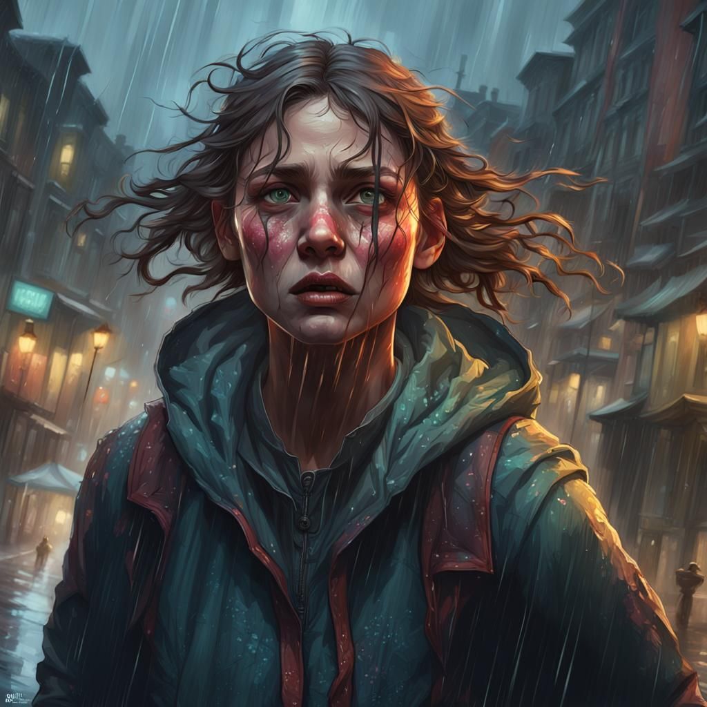 Terrified Girl Runs Through Rainy Street