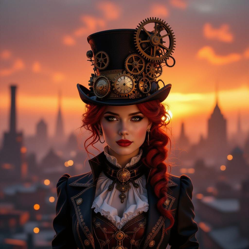 Steampunk Woman with Clockwork Hat in Industrial City