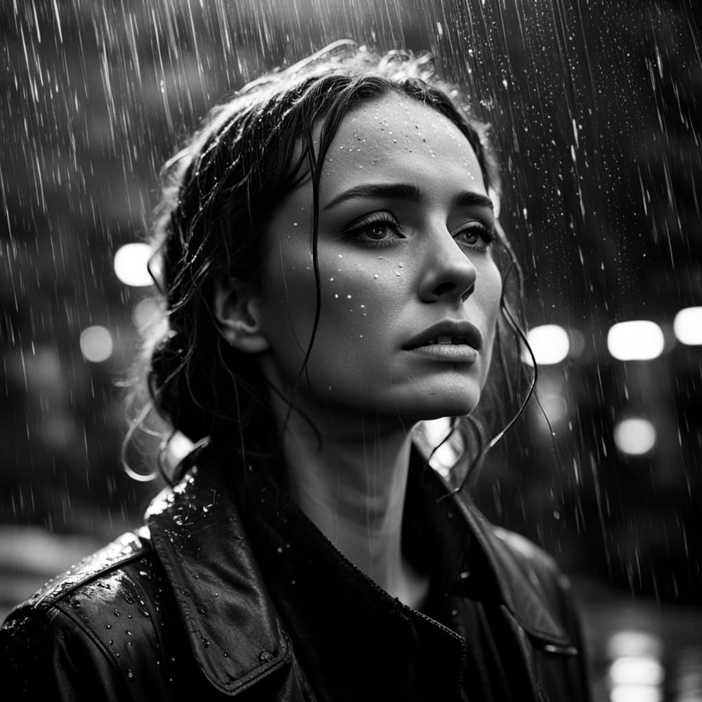 A Girl Crying in the Rain, High Contrast Black and White Fil...