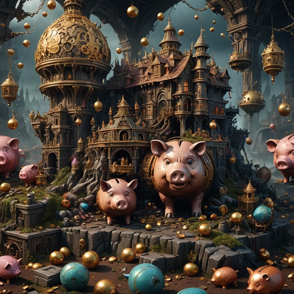 Fantastical Piggy Bank of Fear: Detailed Matte Painting