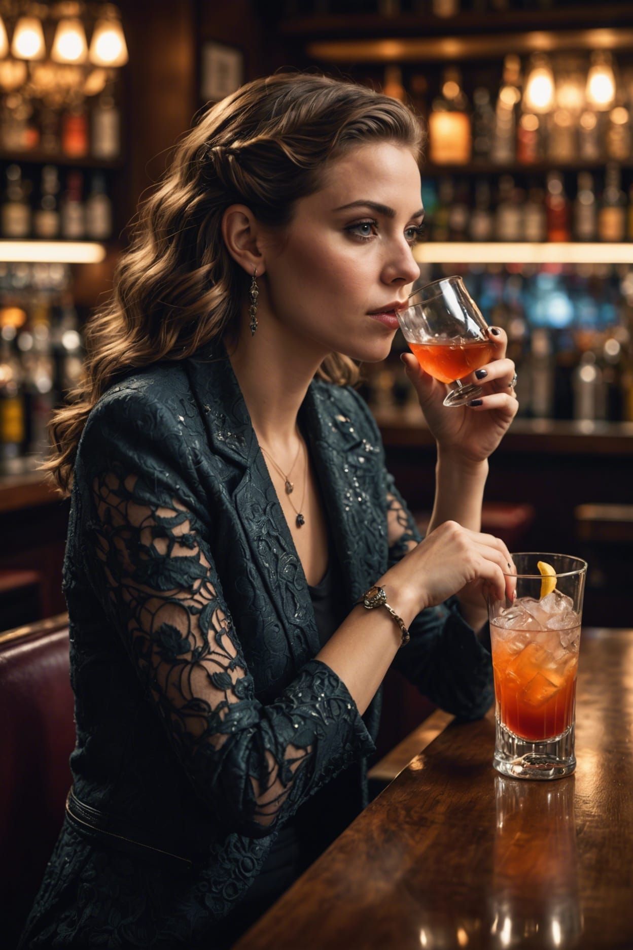 Young Woman at Cocktail Bar in Photorealistic Style