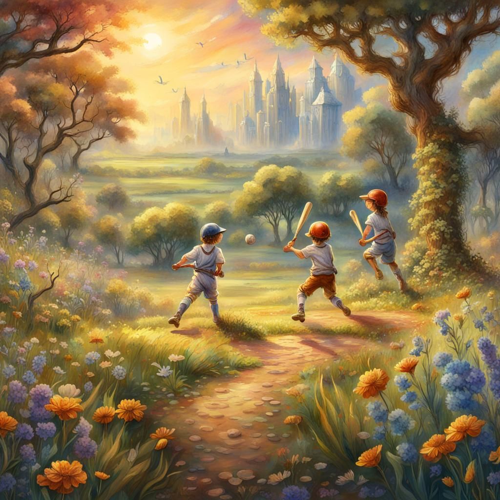 Children Play Baseball: Whimsical Watercolour Meadow Scene