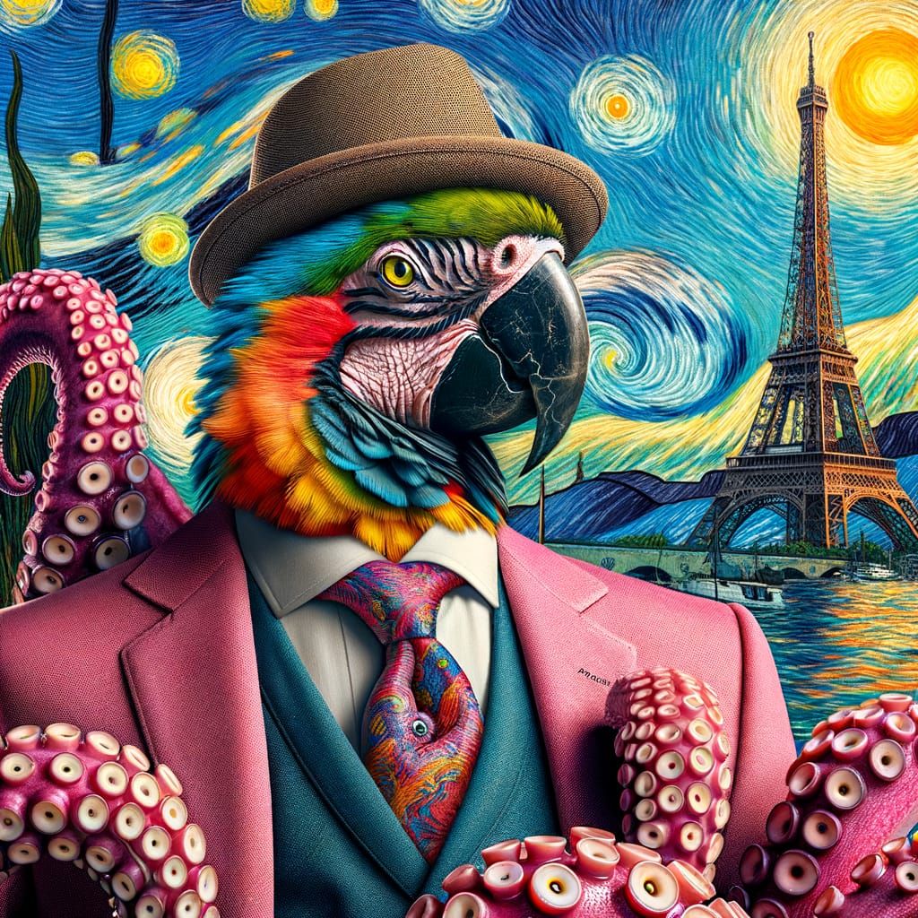 Elegant Parrot on Pink Octopus with Eiffel Tower in Bold, Im...
