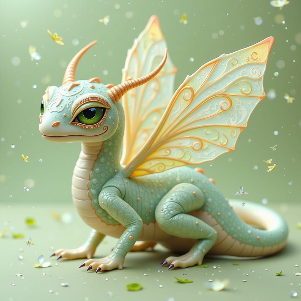 Whimsical Honeydew Melon Dragon with Iridescent Scales