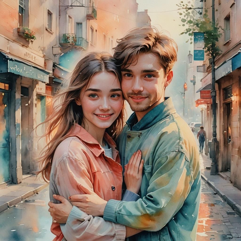 Romantic Watercolor: Girl and Boy Embrace in Mist